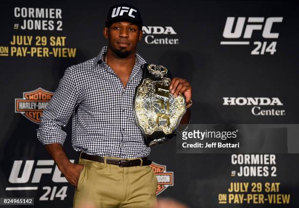 Jon Jones speaks to the media during the UFC 214 post fight press conference inside the Honda Center on July 29, 2017 in Anaheim, California.