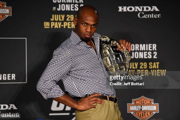 Jon Jones speaks to the media during the UFC 214 post fight press conference inside the Honda Center on July 29, 2017 in Anaheim, California.
