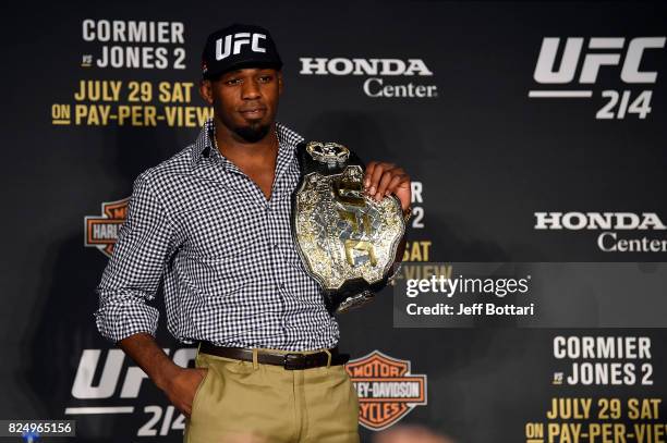 Jon Jones speaks to the media during the UFC 214 post fight press conference inside the Honda Center on July 29, 2017 in Anaheim, California.