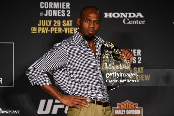 Jon Jones speaks to the media during the UFC 214 post fight press conference inside the Honda Center on July 29, 2017 in Anaheim, California.