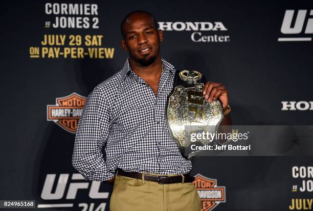 Jon Jones speaks to the media during the UFC 214 post fight press conference inside the Honda Center on July 29, 2017 in Anaheim, California.