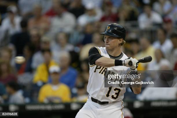 Outfielder Nate McLouth of the Pittsburgh Pirates bats during a game against the Cincinnati Reds at PNC Park on August 12, 2008 in Pittsburgh,...