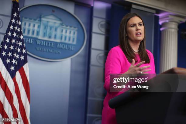 White House Press Secretary Sarah Sanders speaks during a daily briefing at the James Brady Press Briefing Room of the White House July 31, 2017 in...