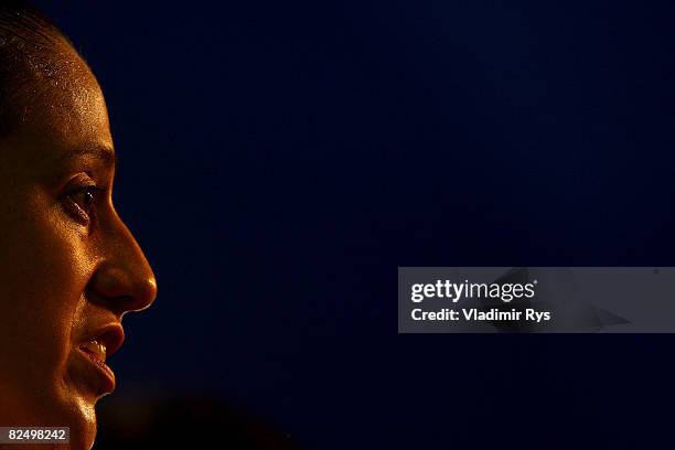 Bronze medalist Diana Lopez of the United States looks on after the Women -57kg Taekwondo bronze medal contest at the Beijing Science and Technology...