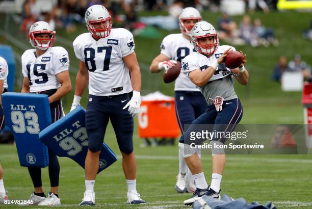 New England Patriots wide receiver Austin Carr makes a catch as the gauntlet gets ready during New England Patriots training camp on July 29 at the...
