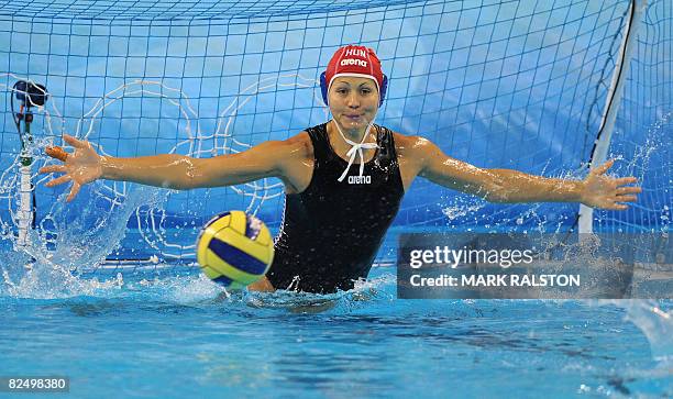 Hungarian goalkeeper Patricia Horvath fails to block a goal from a penalty shootout during their women's bronze medal match against Australia at the...