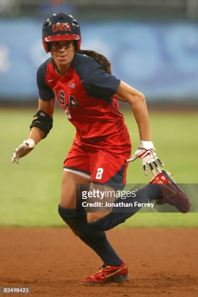 Jessica Mendoza of the United States on base against Japan during the women's grand final gold medal softball game at the Fengtai Softball Field...