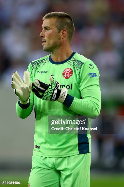 Michael Rensing of Duesseldorf reacts during the Second Bundesliga match between Fortuna Duesseldorf and Eintracht Braunschweig at Esprit-Arena on...