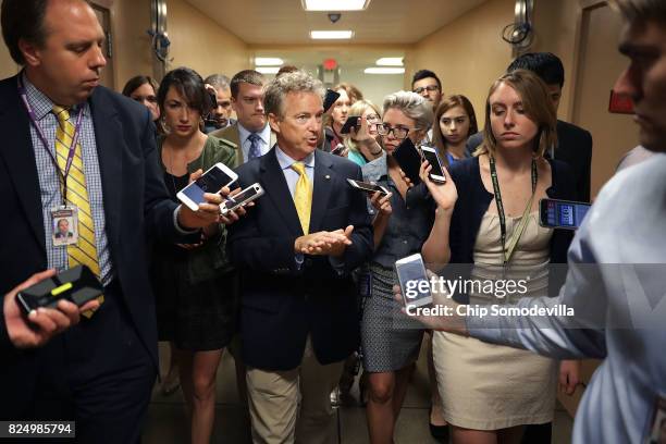 Sen. Rand Paul talks to reporters as he heads to the U.S. Capitol for a vote July 31, 2017 in Washington, DC. Senate GOP leadership was unable to...