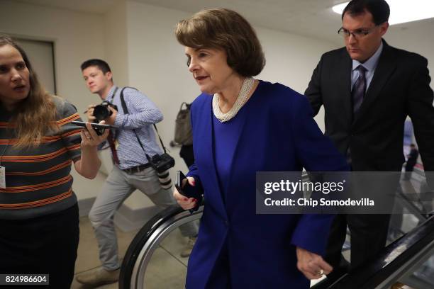 Sen. Dianne Feinstein is pursued by reporters as she heads to the U.S. Capitol for a vote July 31, 2017 in Washington, DC. Senate GOP leadership was...