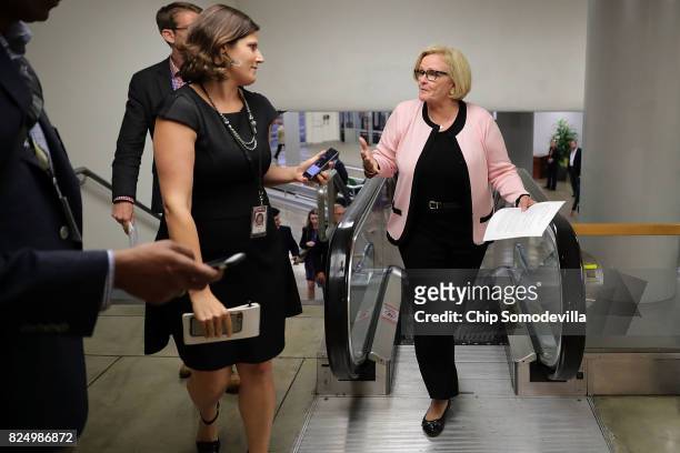 Sen. Claire McCaskill is pursued by reporters as she heads to the U.S. Capitol for a vote July 31, 2017 in Washington, DC. Senate GOP leadership was...