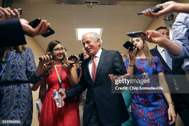 Sen. Bob Corker talks to reporters as he heads to the U.S. Capitol for a vote July 31, 2017 in Washington, DC. Senate GOP leadership was unable to...