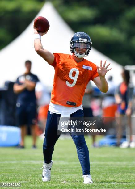 Chicago Bears quarterback Connor Shaw passes the ball during the Chicago Bears Training Camp on July 31, 2017 at Olivet Nazarene University in...