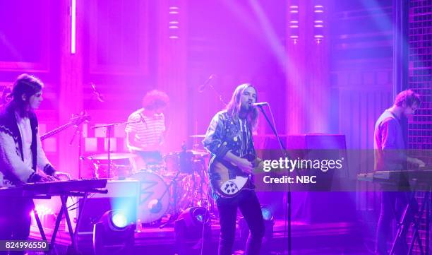 Episode 0715 -- Pictured: Dominic Simper, Jay Watson and Kevin Parker of Musical Guest Tame Impala performs "Love/Paranoia" on July 31, 2017 --