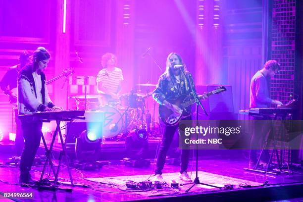 Episode 0715 -- Pictured: Dominic Simper, Jay Watson and Kevin Parker of Musical Guest Tame Impala performs "Love/Paranoia" on July 31, 2017 --