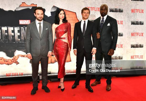 Charlie Cox, Krysten Ritter, Finn Jones, and Mike Colter attend the "Marvel's The Defenders" New York Premiere at Tribeca Performing Arts Center on...