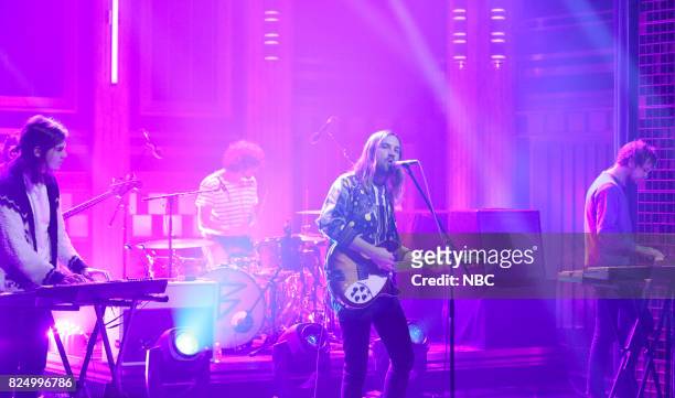 Episode 0715 -- Pictured: Dominic Simper, Jay Watson and Kevin Parker of Musical Guest Tame Impala performs "Love/Paranoia" on July 31, 2017 --