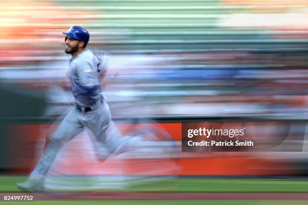 Eric Hosmer of the Kansas City Royals runs the bases after hitting an RBI double against the Baltimore Orioles during the first inning at Oriole Park...