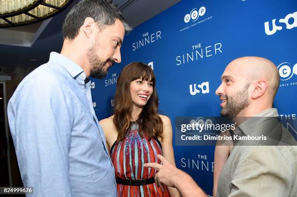 Derek Simonds, Jessica Biel and Antonio Campos attend "The Sinner" Series Premiere Screening at Crosby Street Hotel on July 31, 2017 in New York City.