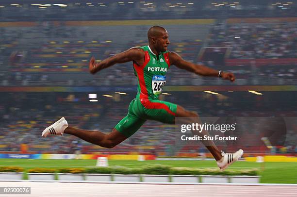 Nelson Evora of Portugal competes in the Men's Triple Jump Final held at the National Stadium during Day 13 of the Beijing 2008 Olympic Games on...