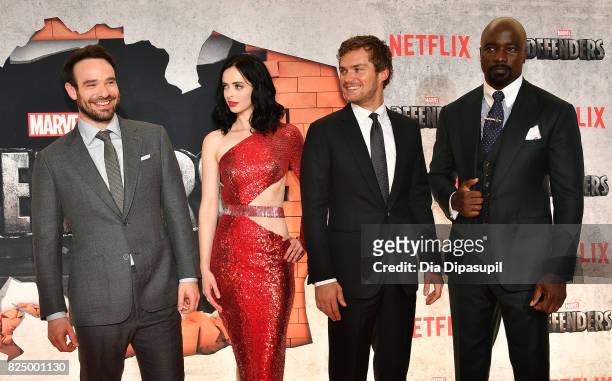 Charlie Cox, Krysten Ritter, Finn Jones, and Mike Colter attend the "Marvel's The Defenders" New York Premiere at Tribeca Performing Arts Center on...