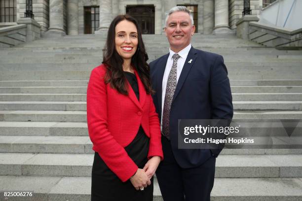 Newly appointed Labour leader Jacinda Ardern and deputy Kelvin Davis pose after a presss conference at Parliament on August 1, 2017 in Wellington,...