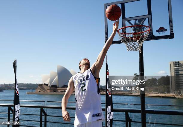 Joe Ingles of the Utah Jazz shoots baskets during an NBL Media Opportunity at Cruise Bar on August 1, 2017 in Sydney, Australia.