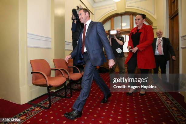 Former Labour Leader Andrew Little makes an exit after a presss conference at Parliament on August 1, 2017 in Wellington, New Zealand. Little has...