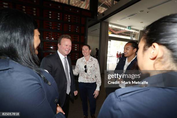 Bill Pulver talks to Wallaroos players during the Australian Wallaroos team farewell at View By Sydney on August 1, 2017 in Sydney, Australia. The...