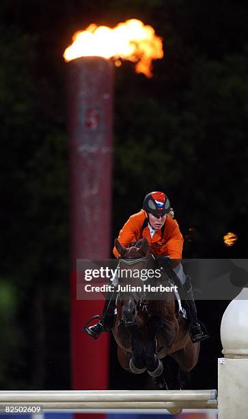 Angelique Hoorn of the Netherlands and O' Brien jump a fence during the Jump Off for The Bronze Medal during The Individual Jumping Final held at the...