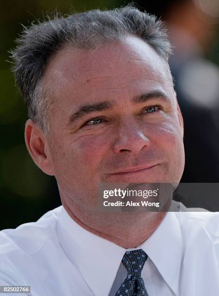 Virginia Gov. Tim Kaine listens as presumptive Democratic Presidential candidate U.S. Sen. Barack Obama speaks on economy during a campaign stop at...