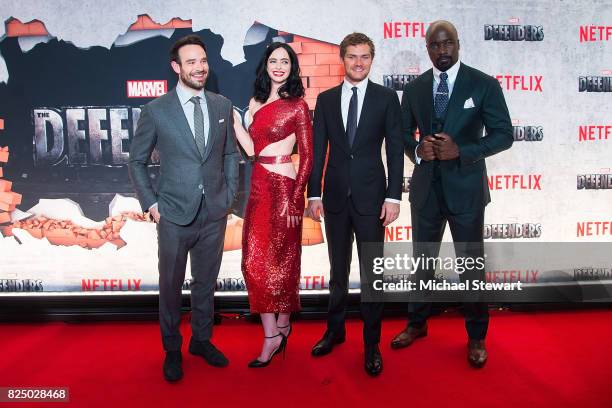 Charlie Cox, Krysten Ritter, Finn Jones and Mike Colter attend the 'Marvel's The Defenders' New York premiere at Tribeca Performing Arts Center on...