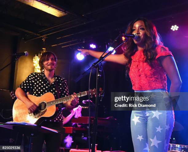 Singer/Songwriter Charlie Worsham is joined onstage by Singer/Songwriter Mickey Guyton during Every Damn Monday With Charlie Worsham benifiting...