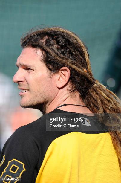 John Jaso of the Pittsburgh Pirates warms up before the game against the Baltimore Orioles at Oriole Park at Camden Yards on June 6, 2017 in...