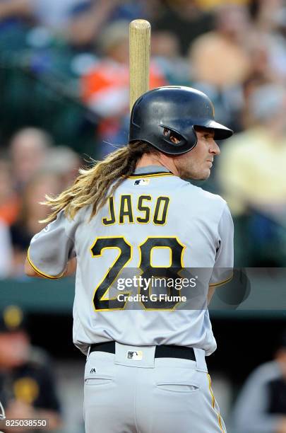 John Jaso of the Pittsburgh Pirates bats against the Baltimore Orioles at Oriole Park at Camden Yards on June 6, 2017 in Baltimore, Maryland.