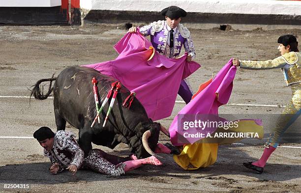 Spanish banderillero Antonio Tejero is gored by a Nunez del Cuvillo fighting bull, during the fifth corrida of the Aste Nagusia festivities, on...