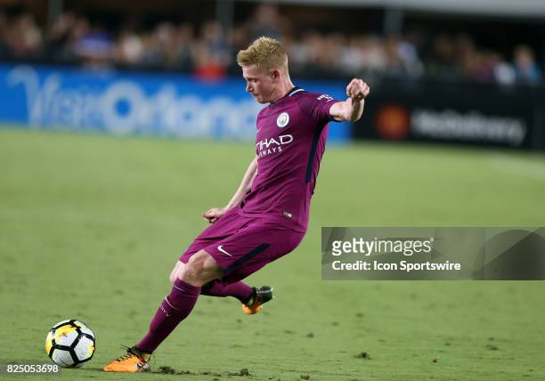 Manchester City Kevin De Bruyne takes a shot on goal during the International Champions Cup match against Real Madrid on July 26 at the Los Angeles...