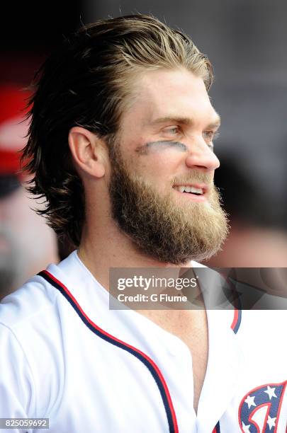 Bryce Harper of the Washington Nationals watches the game against the Milwaukee Brewers at Nationals Park on July 27, 2017 in Washington, DC.