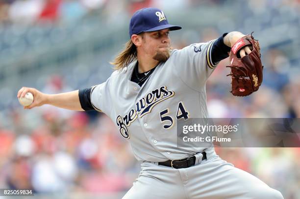 Michael Blazek of the Milwaukee Brewers pitches against the Washington Nationals at Nationals Park on July 27, 2017 in Washington, DC.