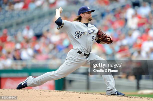 Michael Blazek of the Milwaukee Brewers pitches against the Washington Nationals at Nationals Park on July 27, 2017 in Washington, DC.