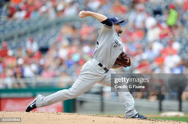 Michael Blazek of the Milwaukee Brewers pitches against the Washington Nationals at Nationals Park on July 27, 2017 in Washington, DC.