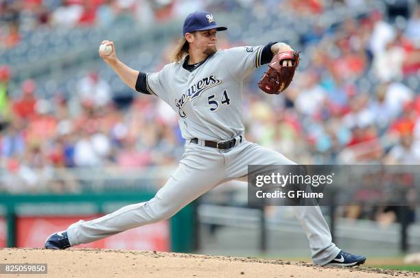 Michael Blazek of the Milwaukee Brewers pitches against the Washington Nationals at Nationals Park on July 27, 2017 in Washington, DC.