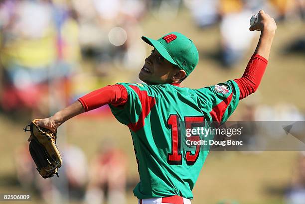 Starting pitcher Sergio Rodriguez of Mexico throws a pitch against Latin America during the international semi-final at Lamade Stadium on August 21,...