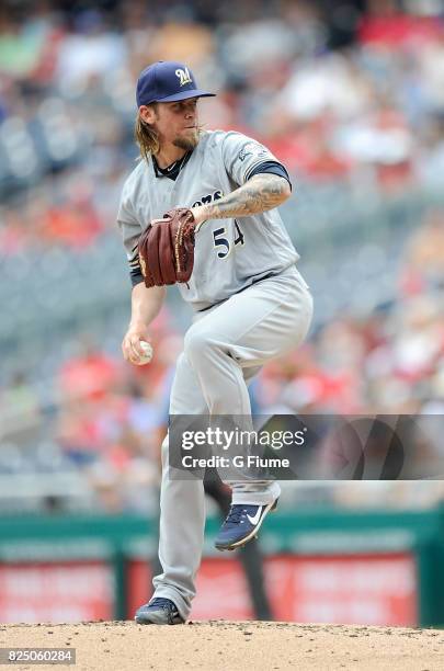 Michael Blazek of the Milwaukee Brewers pitches against the Washington Nationals at Nationals Park on July 27, 2017 in Washington, DC.