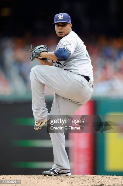 Wily Peralta of the Milwaukee Brewers pitches against the Washington Nationals at Nationals Park on July 27, 2017 in Washington, DC.