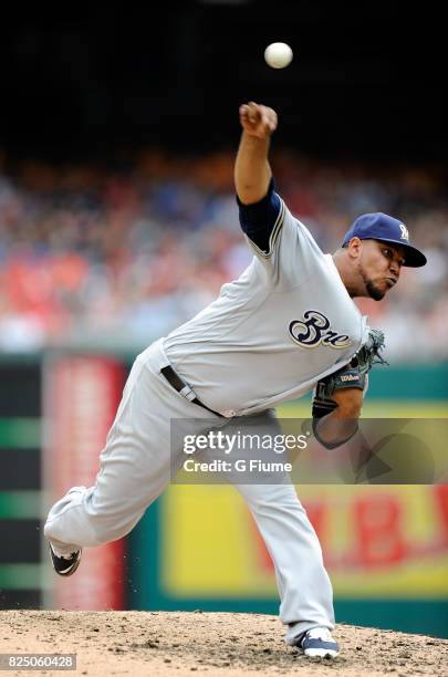 Wily Peralta of the Milwaukee Brewers pitches against the Washington Nationals at Nationals Park on July 27, 2017 in Washington, DC.