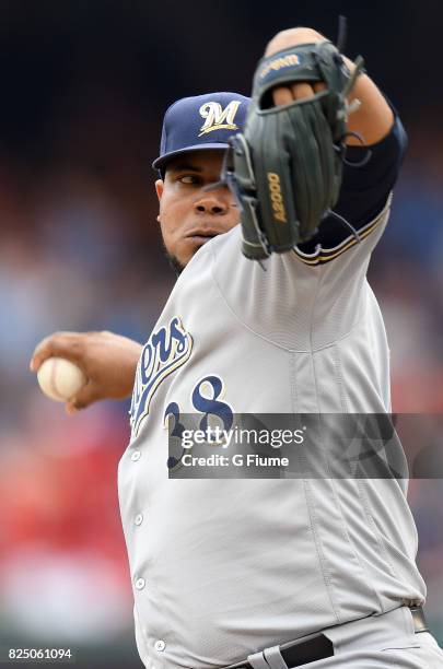 Wily Peralta of the Milwaukee Brewers pitches against the Washington Nationals at Nationals Park on July 27, 2017 in Washington, DC.