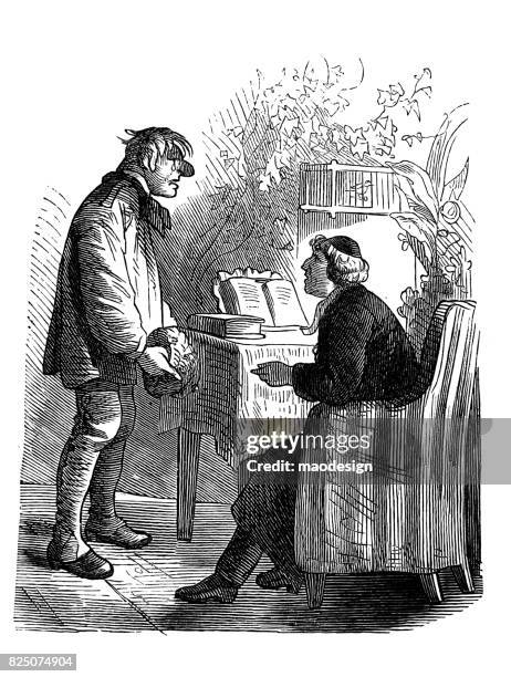 crying male adult man discussing with a priest sitting on a sofa  - 1867 - priests talking stock illustrations