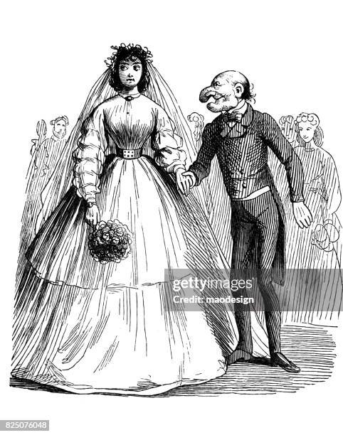 young beautiful, unhappy bride holding a hand for an ugly old groom man - 1867 - groomsmen stock illustrations