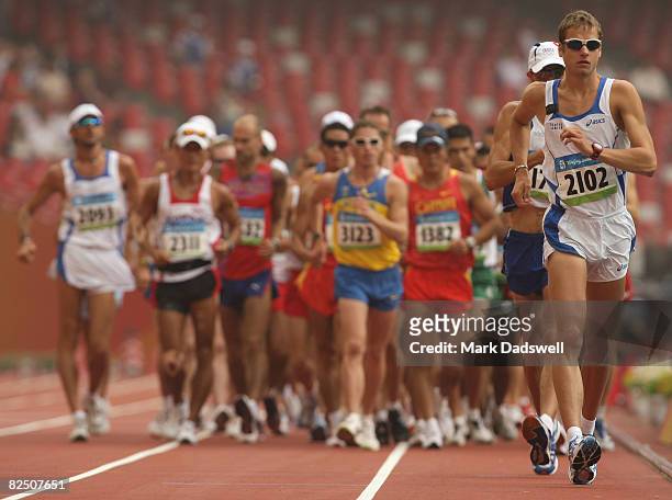 Alex Schwazer of Italy competes in the Men's 50km Walk at the National Stadium on Day 14 of the Beijing 2008 Olympic Games on August 22, 2008 in...